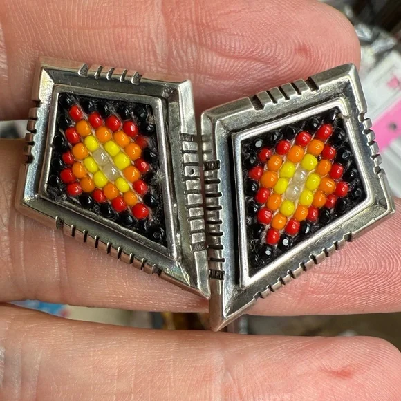 Designer Navajo Southwestern Sterling Silver Beaded Diamond Earrings Vintage 12g - Picture 9 of 9